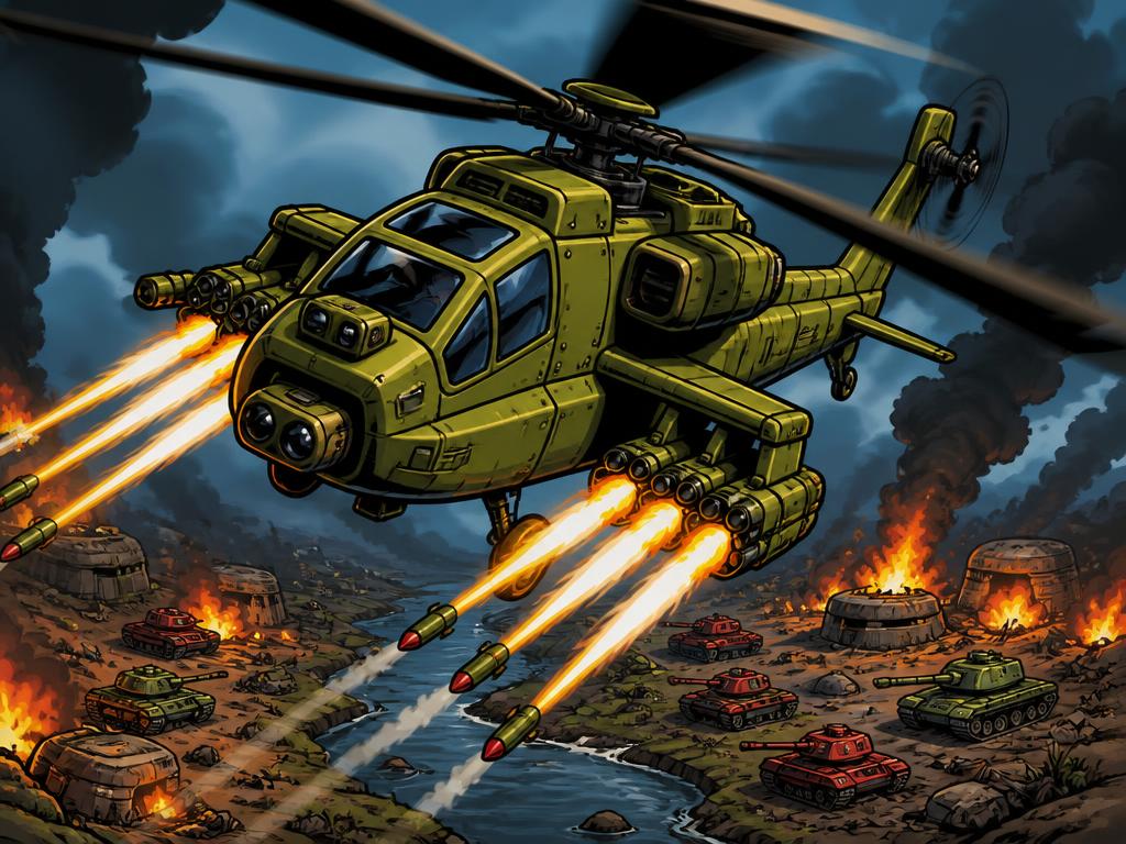 An attack helicopter firing rockets over burning tanks