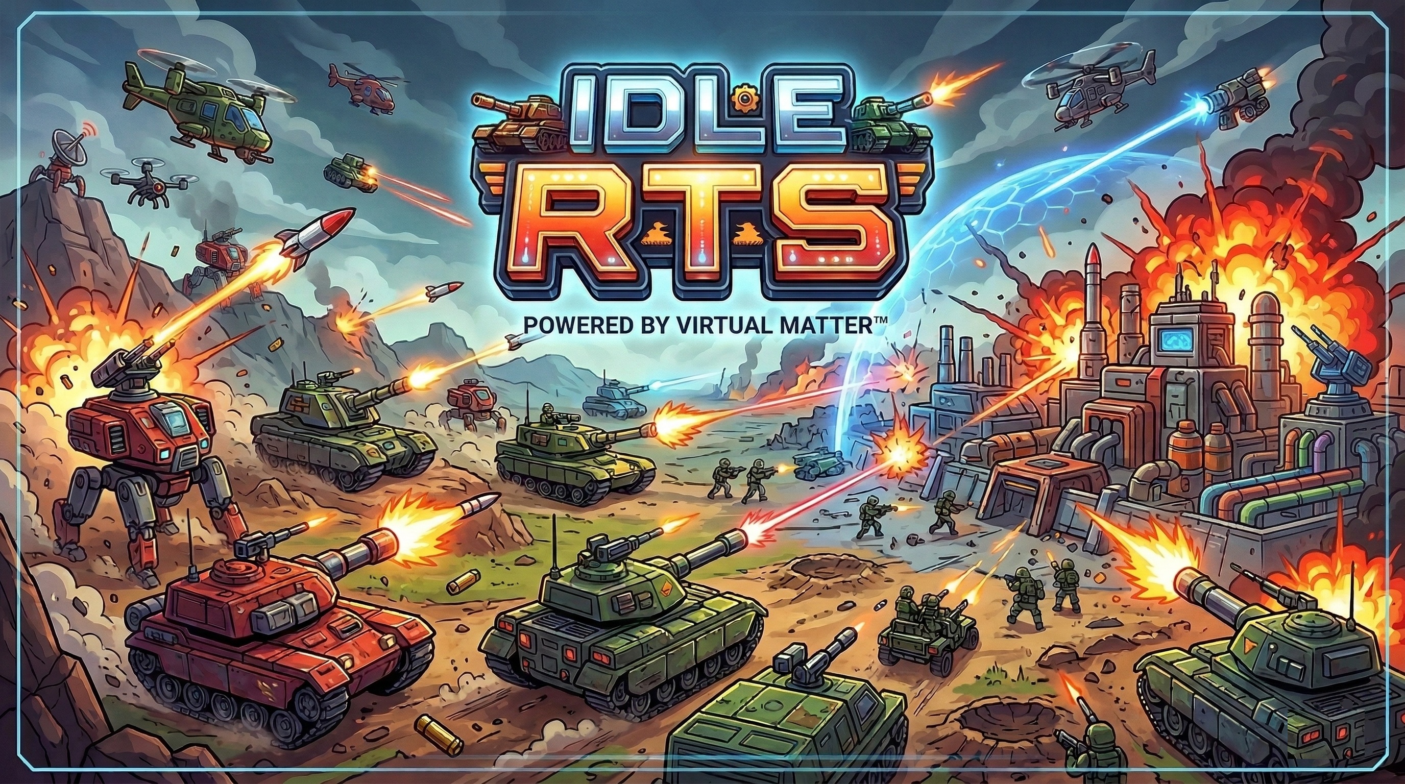 Idle RTS key art: tanks, mechs and helicopters battling across a burning battlefield