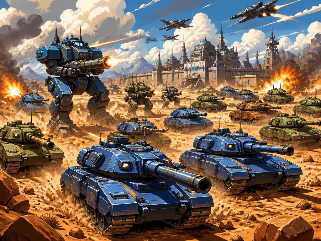 Columns of tanks and mech walkers advancing across a dusty battlefield on their own